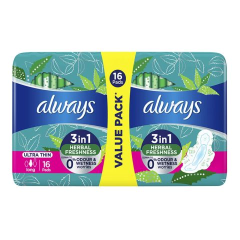 Always 3in1 Herbal Freshness Ultra Thin Long Pads, 16-Value Pack