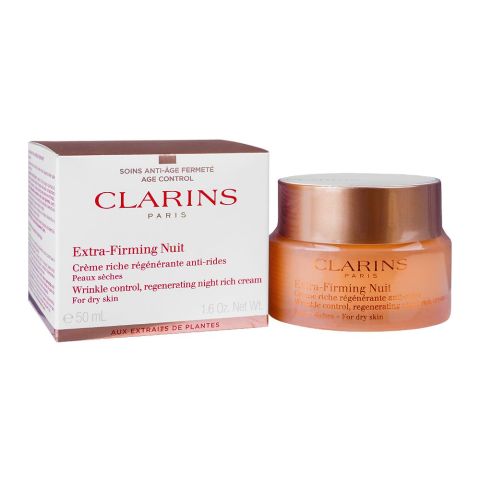 Clarins Extra-Firming Nuit Wrinkle Control, Regenerating Night Rich Cream, Dry Skin, 50ml