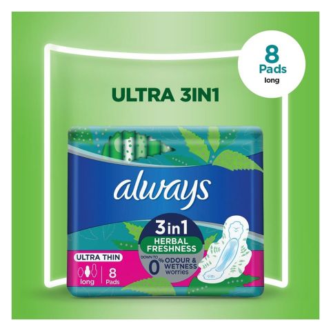 Always 3in1 Herbal Freshness Ultra Thin Long Pads, 8-Pack