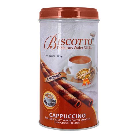 Biscotto Delicious Wafer Stick Tin, Cappuccino Rolled Wafer With Smooth Delicious Filling, 125g