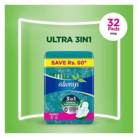 Always 3in1 Herbal Freshness Ultra Thin Long Pads, 32-Pack, Save Rs.50/-
