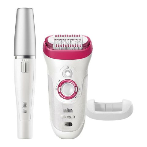 Braun Silk Epil 9 Wet & Dry Epilator, Legs + Body + Face, White/Pink, 9538