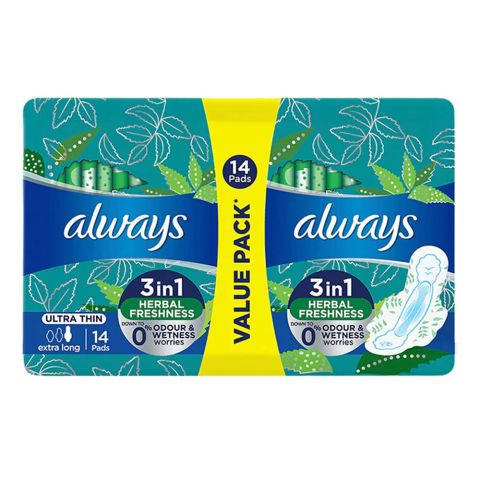 Always 3in1 Herbal Freshness Ultra Thin Extra Long Pads, 14-Value Pack