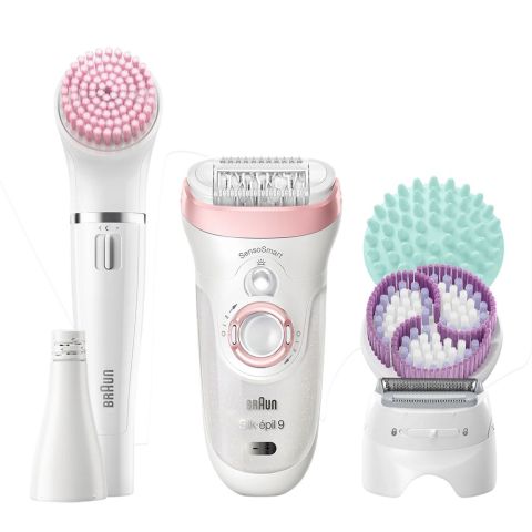 Braun Silk Epil 9 Beauty Set + Face Spa With Shaver & Facial Cleansing Brush, White/Pink, SES9985