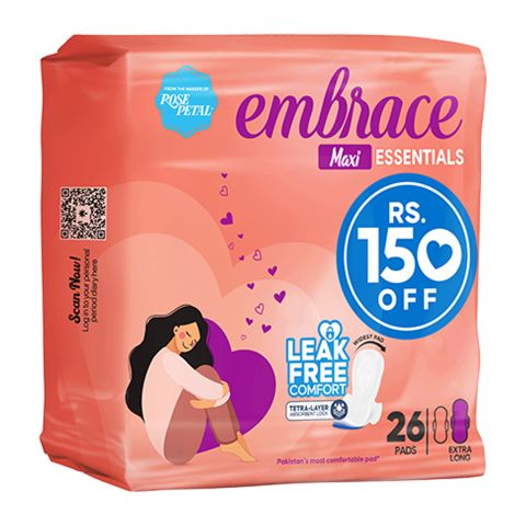 Embrace Essentials Maxi Pads, Extra Long, Trio Pack, 26-Pack, Rs.150/- Off