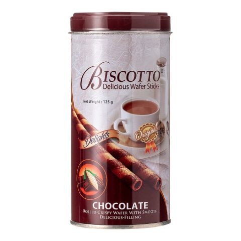 Biscotto Delicious Wafer Stick Tin, Chocolate Rolled Wafer With Smooth Delicious Filling, 125g