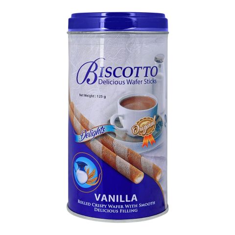 Biscotto Delicious Wafer Stick Tin, Vanilla Rolled Wafer With Smooth Delicious Filling, 125g