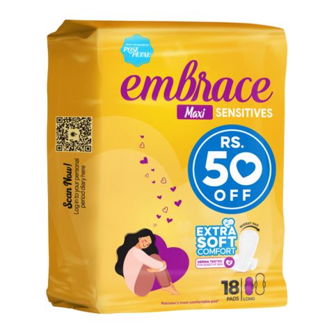 Embrace Maxi Sensitive Pads, Long, Value Pack, 18-Pack, Rs.50/- Off