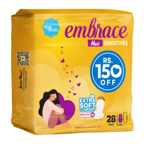 Embrace Sensitive Maxi Pads, Long, Trio Pack, 28-Pack, Rs.150/- Off