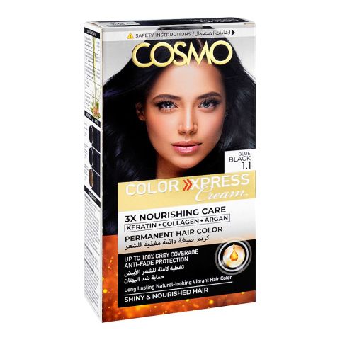 Cosmo Color Xpress 3X Nourishing Care Permanent Hair Color - Salon-Quality Hair Dye, 1.1 Blue Black
