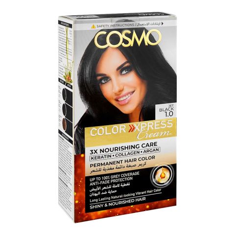 Cosmo Color Xpress 3X Nourishing Care Permanent Hair Color - Salon-Quality Hair Dye, 1.0 Jet Black