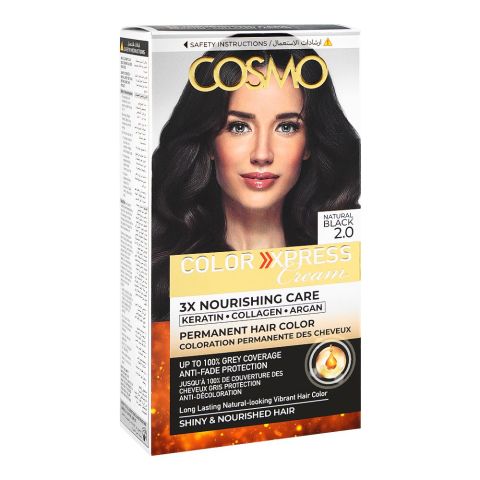 Cosmo Color Xpress 3X Nourishing Care Permanent Hair Color - Salon-Quality Hair Dye, 2.0 Natural Black
