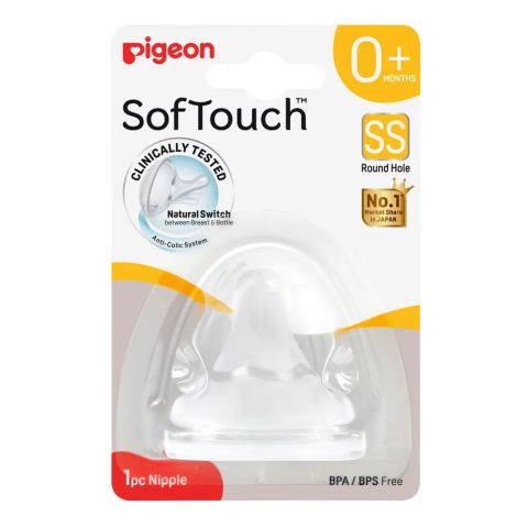 Pigeon SofTouch Nipples, SS Round Hole, For 0+ Months, 1-Pack, A81265