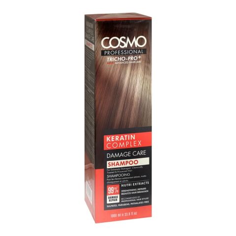 Cosmo Professional Keratin Complex Damage Care Shampoo, Sulphate & Paraben Free, For Damaged Hair, 1000ml