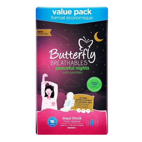 Butterfly Breathables Peaceful Nights Cottony Wings Maxi Thick Sanitary Pads, Exta Long, 16 Pads Value Pack