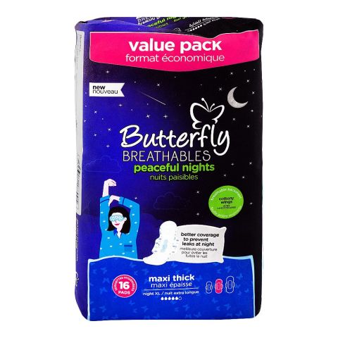 Butterfly Breathables Peaceful Nights Maxi Thick Sanitary Pads, Exta Long, 16 Pads Value Pack
